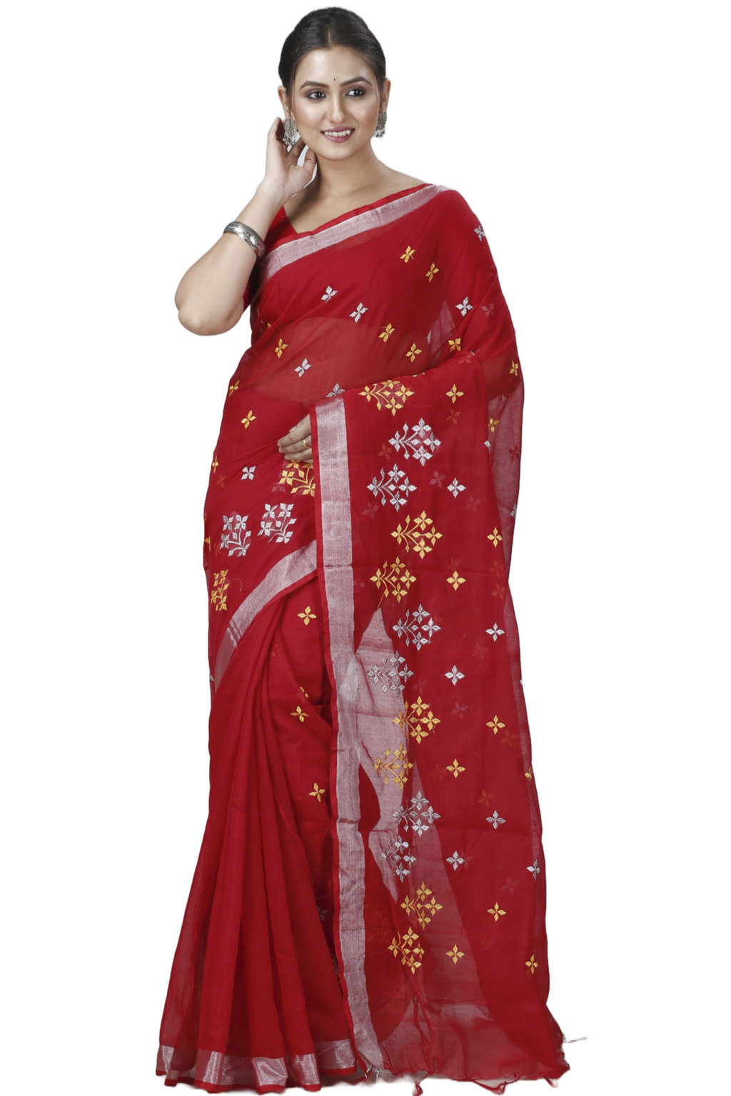 Red Blended Cotton Tamasi Hand Loom Saree (1208)